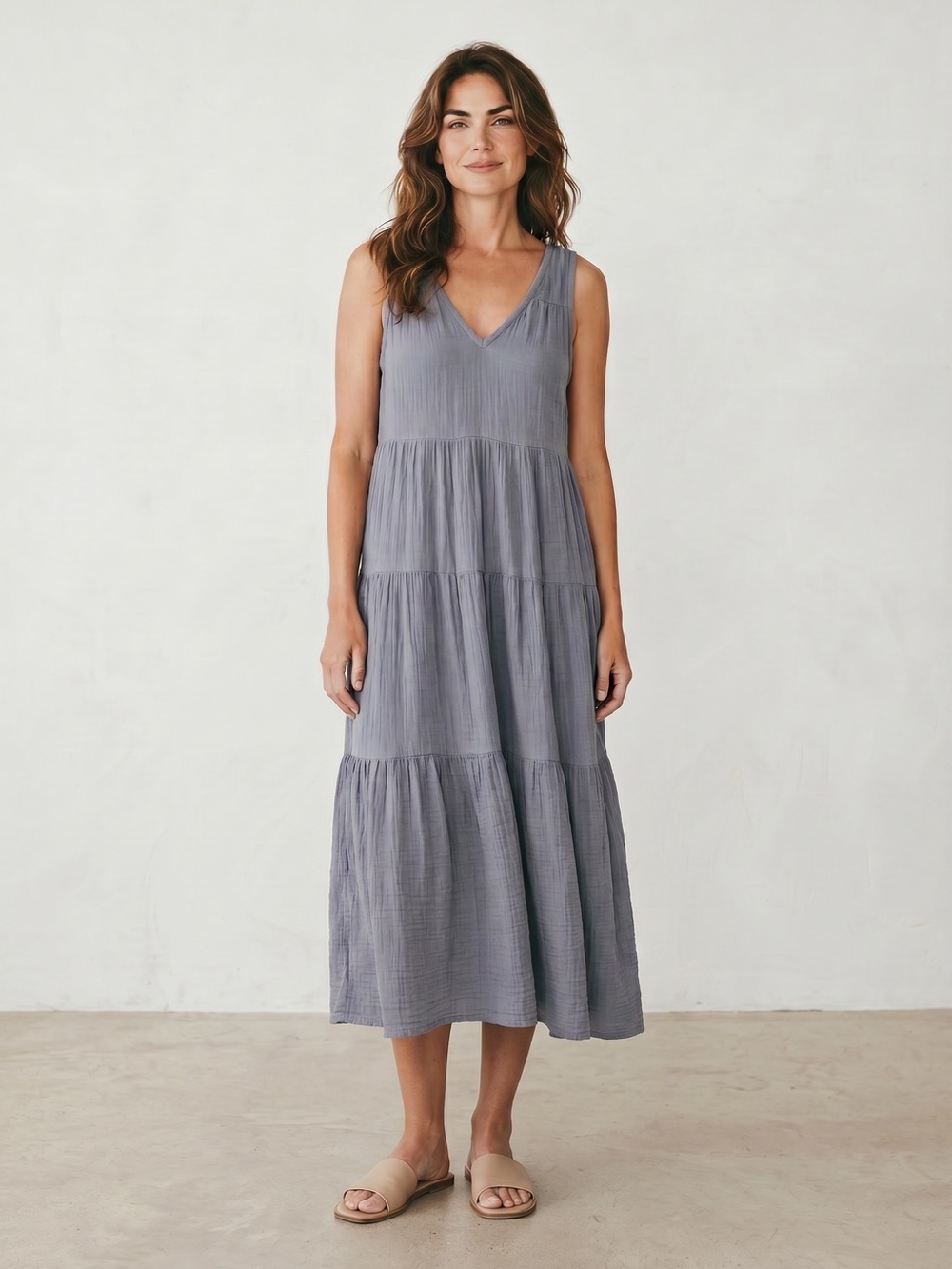 Quince Organic Cotton Gauze Tiered Maxi Dress Indigo Blue Sleeveless V Neck S